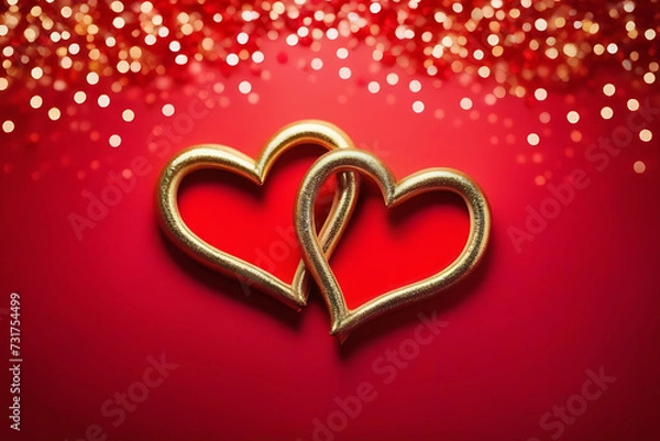 Fototapeta two golden hearts on a red background, top view