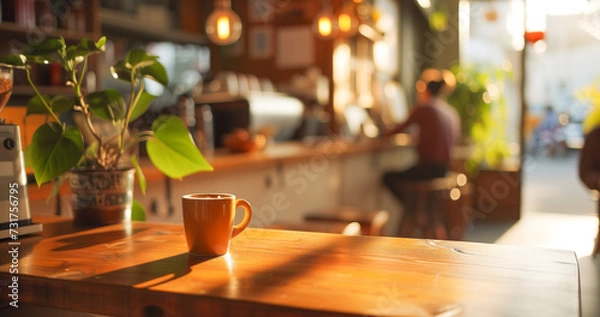 Fototapeta Cozy Café Interior A small café with soft lighting, bright walls, wooden tables
