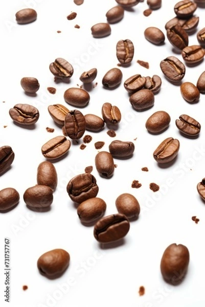 Fototapeta Dynamic Cascade of Coffee Beans Tumbling on a Pristine White Backdrop - High-Quality Image