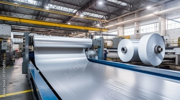 Fototapeta Photograph of sheet metal, alluminum, rolls in an industrial environment. Rolls of galvanized sheet steel in the factory.