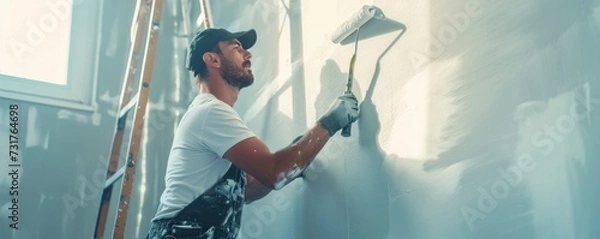Fototapeta Painter using white roller for wall painting