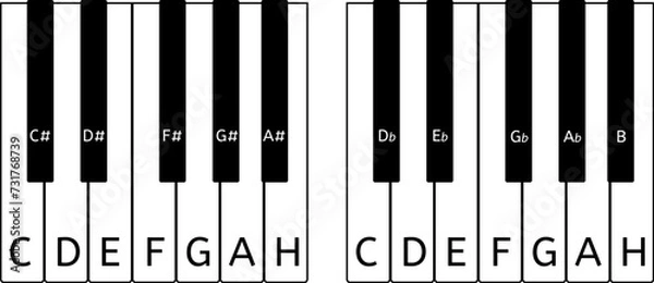 Fototapeta Piano music notes and keys. Musical scale isolated. Detailed learning sheet of musical notation and keys. Piano musical instrument keyboard.