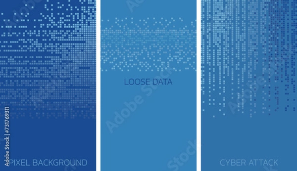 Fototapeta Abstract pixel art vertical poster set. Shades of blue. Instagram and TikTok stories backgrounds. Copy space. Digital design for technical and social media modern projects.