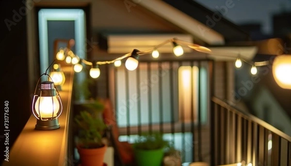 Obraz A medium shot image of a residential balcony or patio during the evening, capturing the warm glow of lights that A cozy and inviting atmosphere.