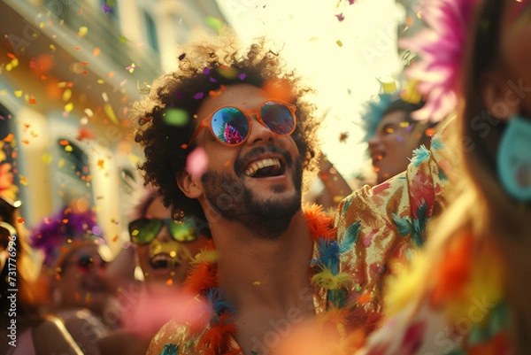 Fototapeta Folião Sorridente se divertindo no carnaval: Uma Explosão de Alegria e Cores, AI Generativa	