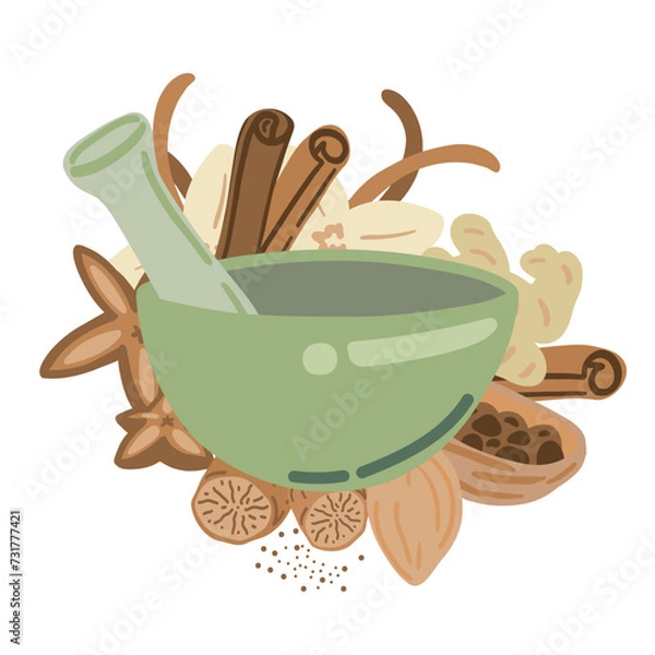 Obraz Flat design illustration with sweet condiments and spice mortar