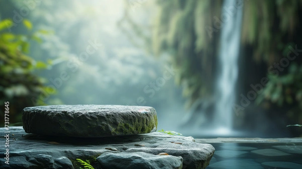 Fototapeta Empty product podium from rock. Cylinder stand concept. Blurred Bali nature with waterfall background, beauty skincare, technology products display.