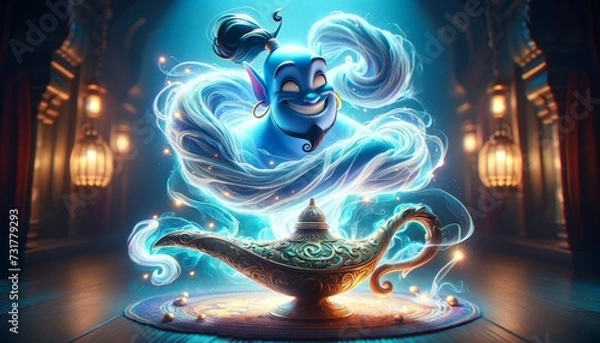 Fototapeta A close-up of a genie emerging from a lamp, illustrated in a whimsical animated art style with a 16_9 ratio.
