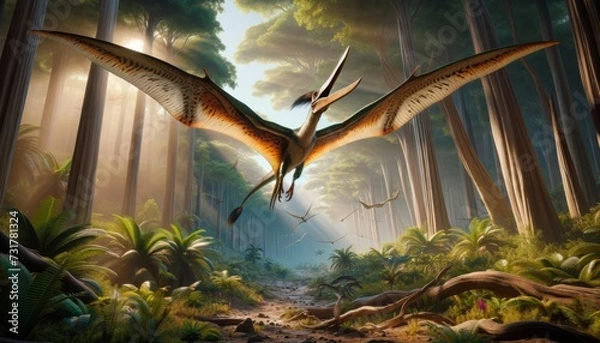 Fototapeta A Quetzalcoatlus landing in a Cretaceous forest clearing, the giant pterosaur is depicted with stunning detail, showcasing its enormous wingspan and d.