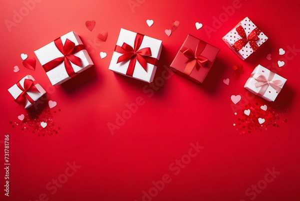 Fototapeta Festive surprise. Top view of gift boxes decorated with bright red ribbon, surrounded by confetti, on a rich background. Ideal for your proposals.