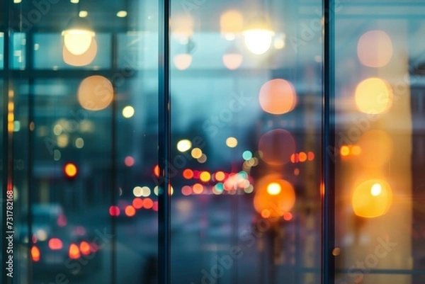 Fototapeta street lights and traffic blurred in office glass reflection