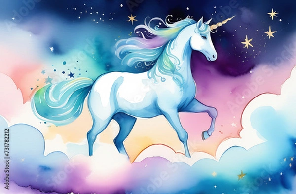 Fototapeta unicorn running through the clouds in the night sky, watercolor illustration