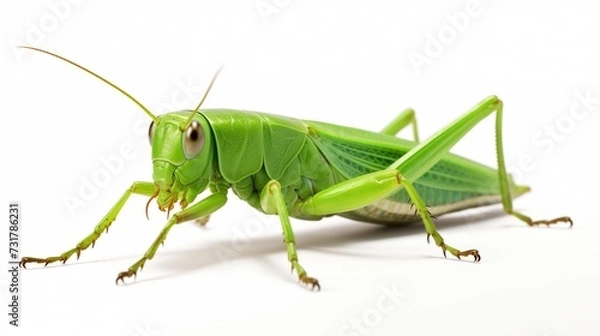 Fototapeta An exquisite green grasshopper artistically isolated against a crisp white background, 