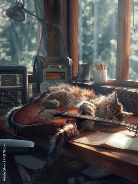 Fototapeta A cat sleep with acoustic guitar.