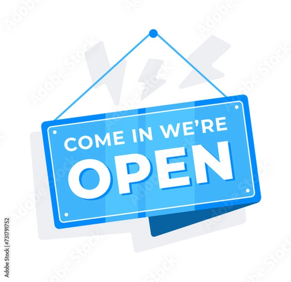 Fototapeta Come in we are Open door sign. Signboard for cafe, retail market. Vector illustration.
