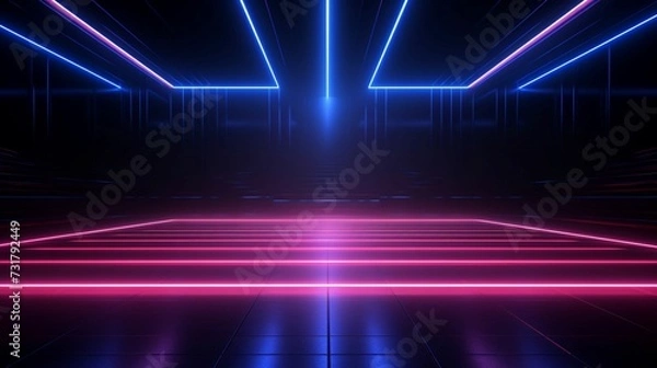 Fototapeta Luminescent Twilight: 3D Rendered Empty Stage and Neon Lines in the Dark Room, Conjuring a Captivating Fusion of Minimalistic Elegance, Techno Aesthetics, and Illuminated Spatial Ambiance