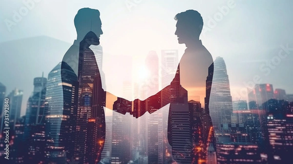 Obraz Double exposure image of business people handshake on city office building in background showing partnership success of business deal. Concept of corporate teamwork, trust partner and work agreement.