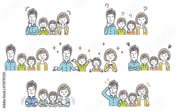 Obraz ベクターイラスト素材：いろんなシチュエーションの家族セット
