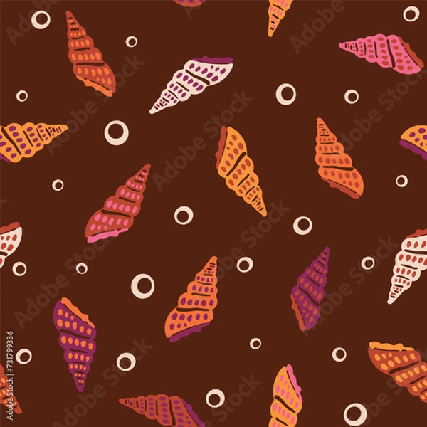 Fototapeta Marine seamless pattern. Vintage background with seashells and bubbles. Retro textile print in style of flat illustration. Vector surface design for fabric, gift wrapper, wallpaper.