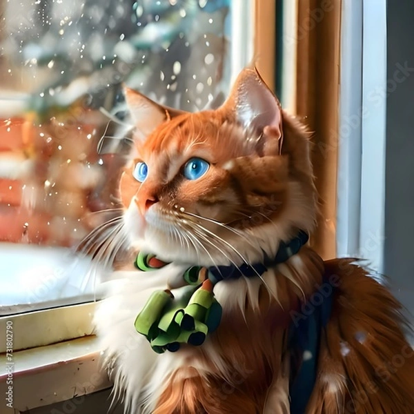 Fototapeta cute cat in the snow looks out the open window as the snow falls