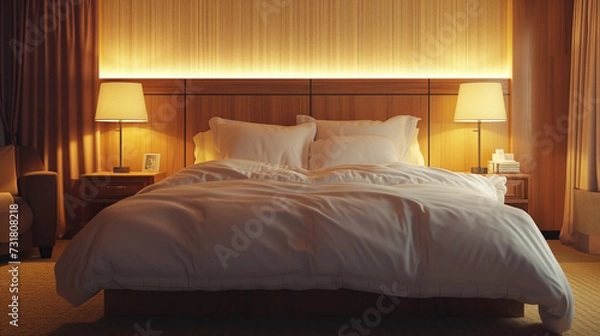 Fototapeta 현대적인 호텔의 따스한 아침 조명이 비치는 침실