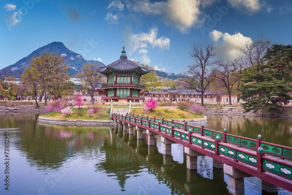 Obraz Gyeongbokgung palace with cherry blossom tree in spring time in seoul city of korea, south korea.