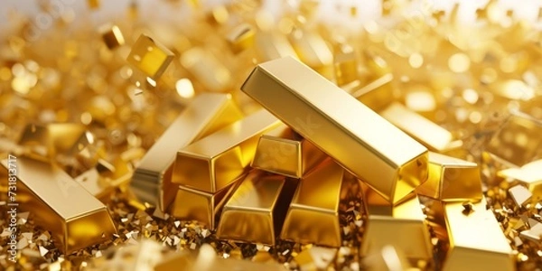 Fototapeta Bounty Of Gold Bars And Floating Ingots Piled High, White Background. Сoncept Luxurious Gold Bar Display, Floating Ingots, White Background, Wealth And Abundance