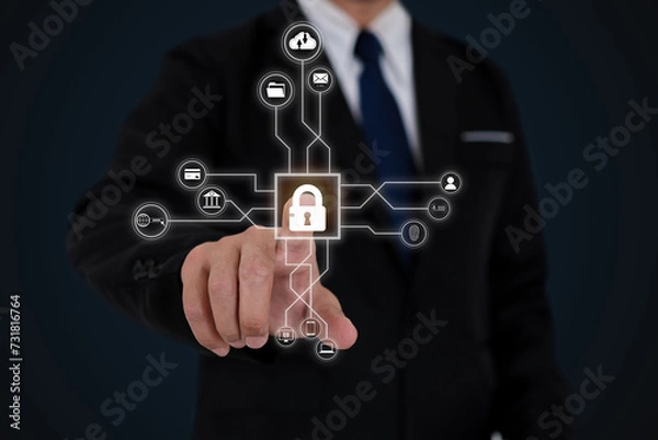 Fototapeta Businessman touches key icon on virtual screen, personal data security, concept of privacy protection about online transaction.