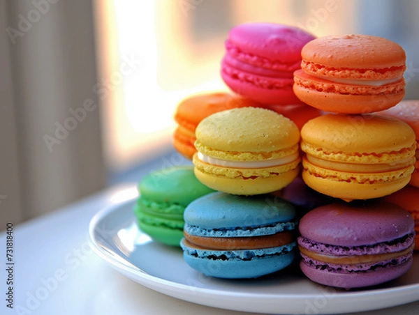 Fototapeta Close-up of a whimsically stacked assortment of macarons in a rainbow of colors, placed on a simple white plate against a soft, neutral background.