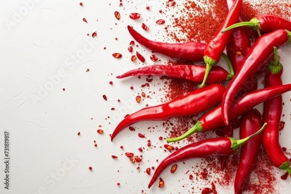 Obraz Spicy Red Peppers And Powder Isolated On White Background For Creativity. Сoncept Nature-Inspired Still Life, Cooking And Food Photography, Fiery Spice Aesthetics, Captivating Red Pepper Close-Ups