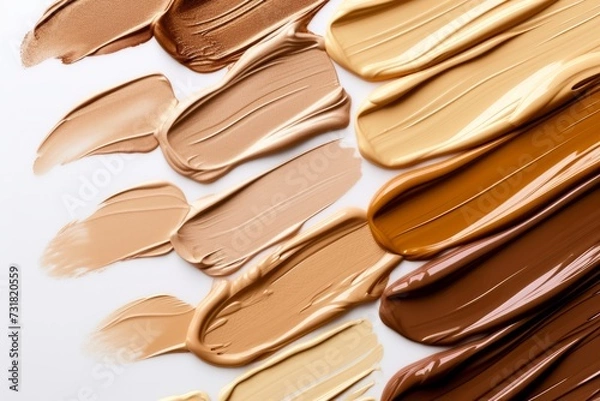 Fototapeta Various Shades Of Liquid Foundation Samples On White Background, Top View. Сoncept Makeup Swatches, Foundation Shade Samples, Top View Photography, Beauty Products, White Background