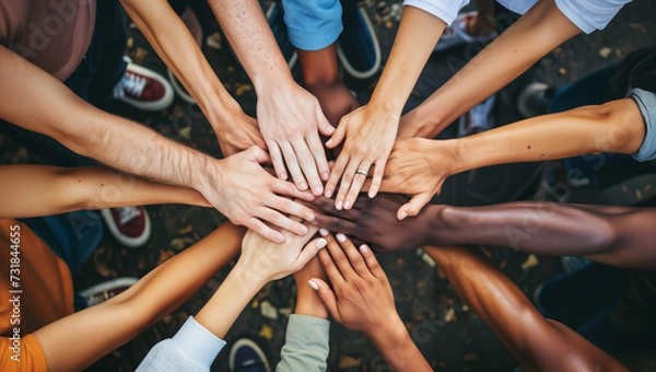 Fototapeta A heartwarming photograph capturing a group of individuals from diverse backgrounds joining hands in unity