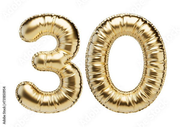 Fototapeta 30. Glossy inflatable balloon with the number thirty. Golden volumetric numbers isolated on a transparent background. For anniversaries, birthdays, sales, greeting cards.