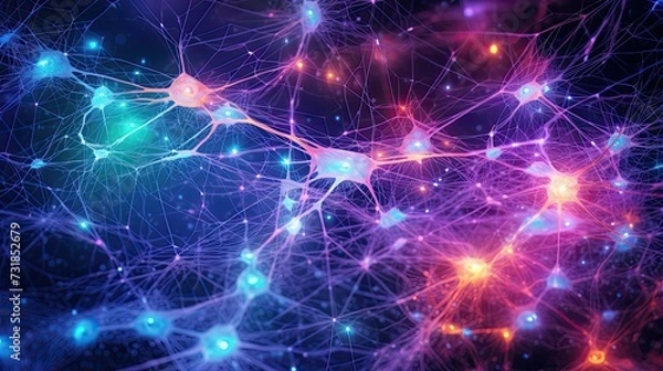 Fototapeta Multicolored neural connections. Abstract beautiful dots connected by lines and threads, the concept of consciousness, entanglement and modern technology. Brain work. AI generated