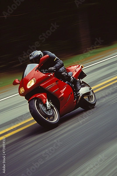 Fototapeta A man is riding a red motorcycle in an inland area that has good road quality.