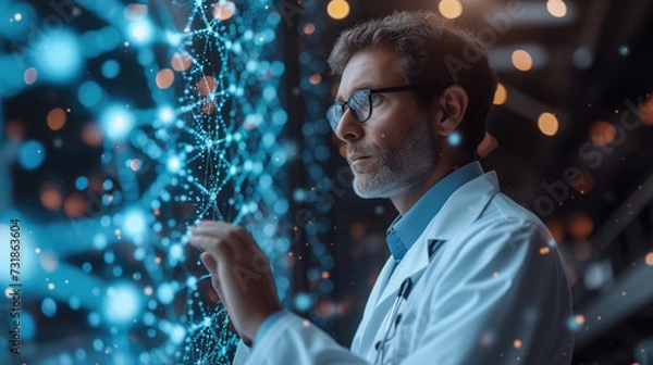 Fototapeta Medicine doctor touching electronic DNA. Digital healthcare and network connection on virtual screen, modern hologram, medical technology and network concept.