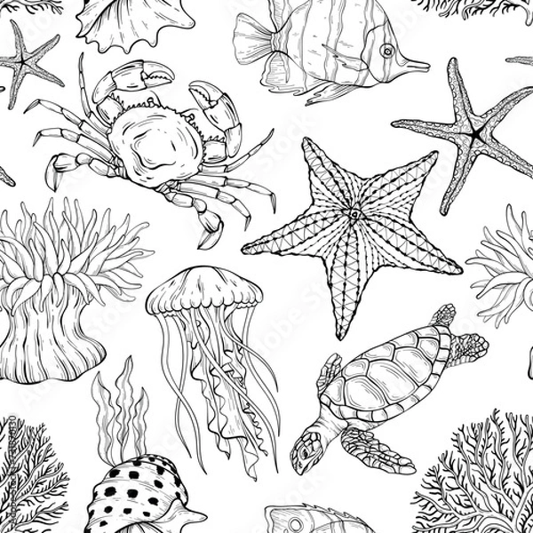 Obraz Seamless outline underwater pattern.