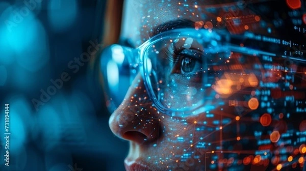 Fototapeta Close-up of a woman's face with glasses reflecting vibrant digital data, symbolizing futuristic technology, woman with digital data overlay on face.