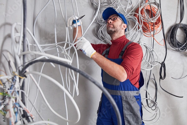 Fototapeta Electrician working on a wire system on a construction site.