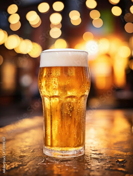 Fototapeta close-up of a pint of beer with bubbles rising to the surface and blurred pub background