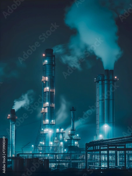 Fototapeta Smoke billows from towering chimneys against a twilight sky, illuminating an industrial complex with a haunting glow