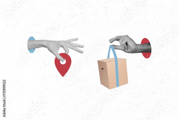 Fototapeta Template image collage photo of hands holding package delivery dropshipping parcel advertisement geotag isolated on white background