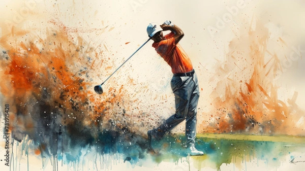 Fototapeta Elevate your design with the energy of golfing excellence. A skilled athlete confidently wields a 3 wood on a dynamic fairway, creating a powerful image of focus, skill, and success