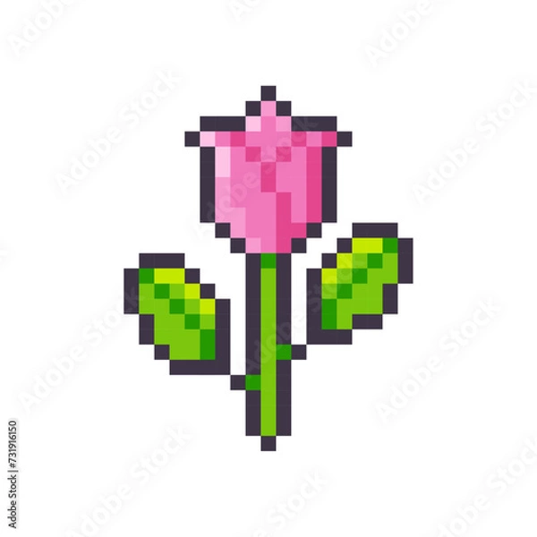 Obraz Pink flower with leaves isolated on white background. Rose icon. Game item. Design for stickers, mobile app. Vector pixel art illustration in 8-bit old style.
