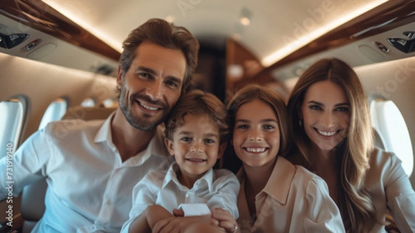 Obraz Happy family aboard a private plane, portraying the joy of family and jet setting with a luxurious aircraft interior.