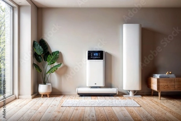 Fototapeta A white home energy station (HES) in a minimalistic room with a large window, a potted plant, a bottle, a cup, a rug, and a small wooden cabinet.