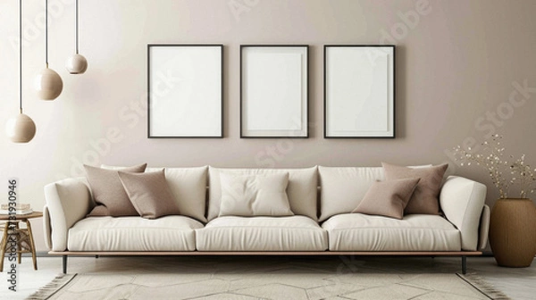 Fototapeta Frames mock up on color wall hanging above cozy home sofa. Modern living room comfortable stylish trendy couch posters decor background. Empty blank pictures canvas interior design decoration mockup .