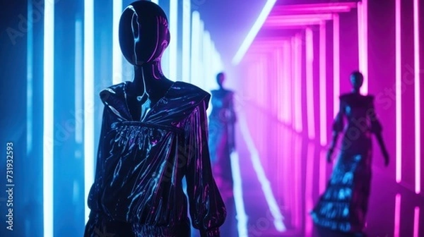 Fototapeta Futuristic fashion and style trends background, Glossy mannequins adorned in futuristic fashion within a neon-lit corridor, perfect for a fashion exhibition or as a display in high-end retail environm