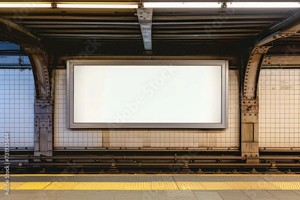 Fototapeta Subway Billboard Canvas: A pristine white billboard awaits your message in the heart of a bustling subway station, offering prime advertising space for urban audiences.