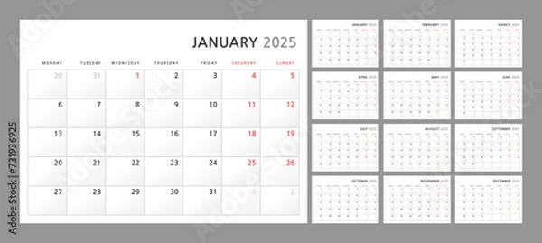Obraz Wall quarterly calendar template for 2025 in a classic minimalist style. Week starts on Monday. Set of 12 months. Corporate Planner Template. A4 format horizontal
